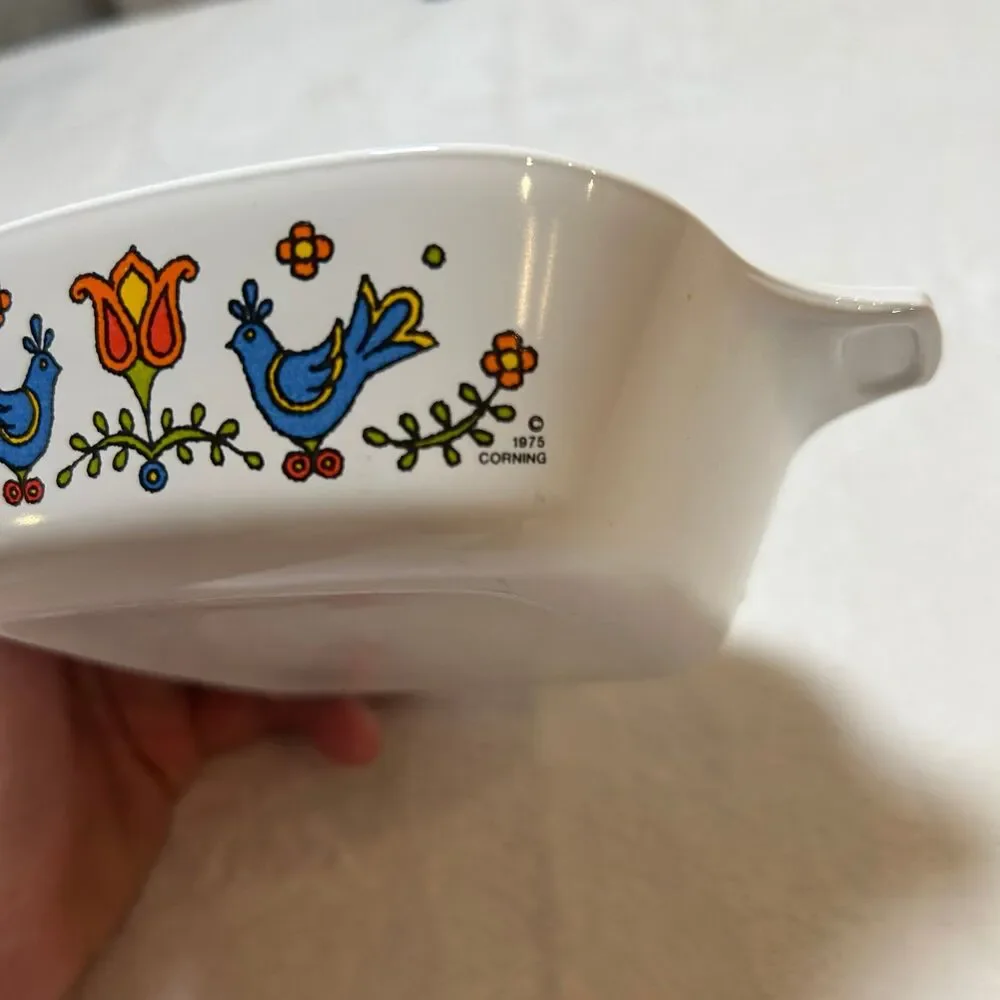 Vintage Corning country festival Casserole Dish 1975 Folk Art Baking Dish 5x5